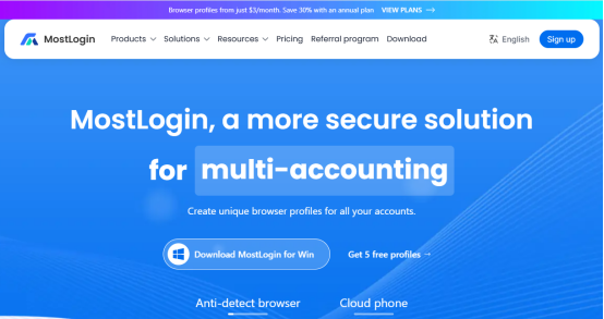 MostLogin website introducing browser profiles and cloud phones