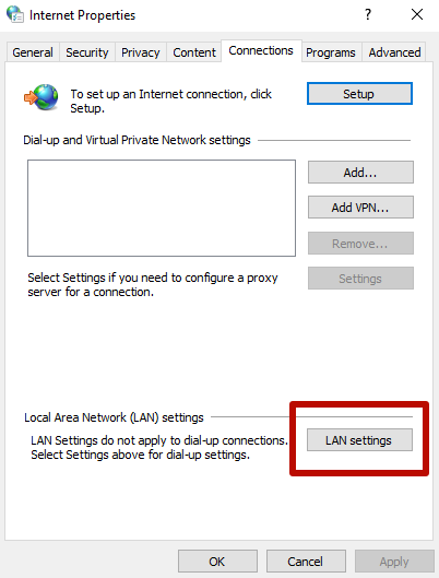 Go to the «Connections» tab and check the box in front of «LAN settings»
