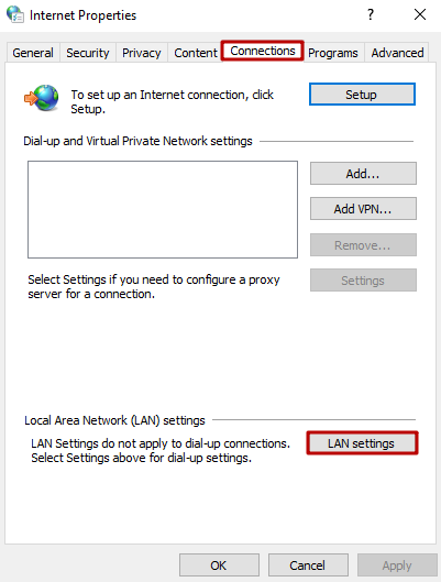 Select the «Connections» tab and click the «LAN settings» button