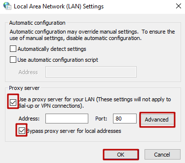 Uncheck the boxes «Use a proxy server for your LAN» and «Bypass proxy server for local addresses».  Click «OK»